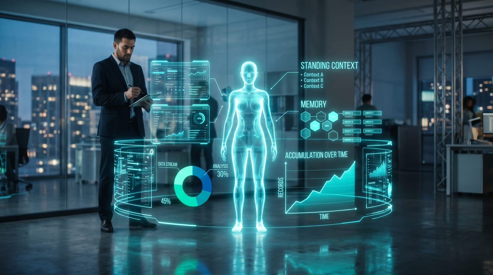 Holographic memory and context panels growing brighter over time around an AI avatar, illustrating compounding AI agent memory for a business