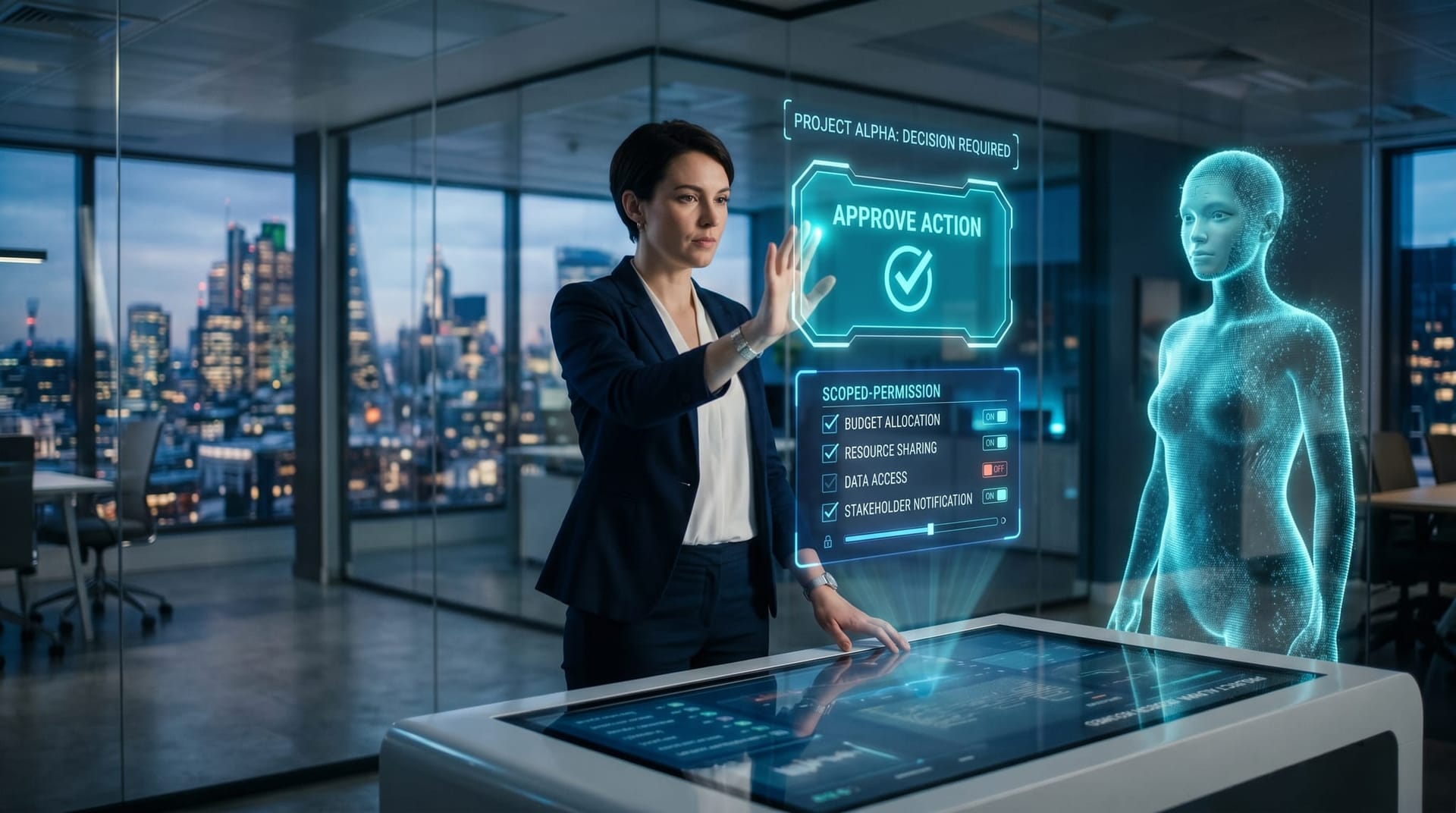 A manager approving an AI teammate's proposed action on a floating holographic approval dialog, showing human oversight of autonomous AI