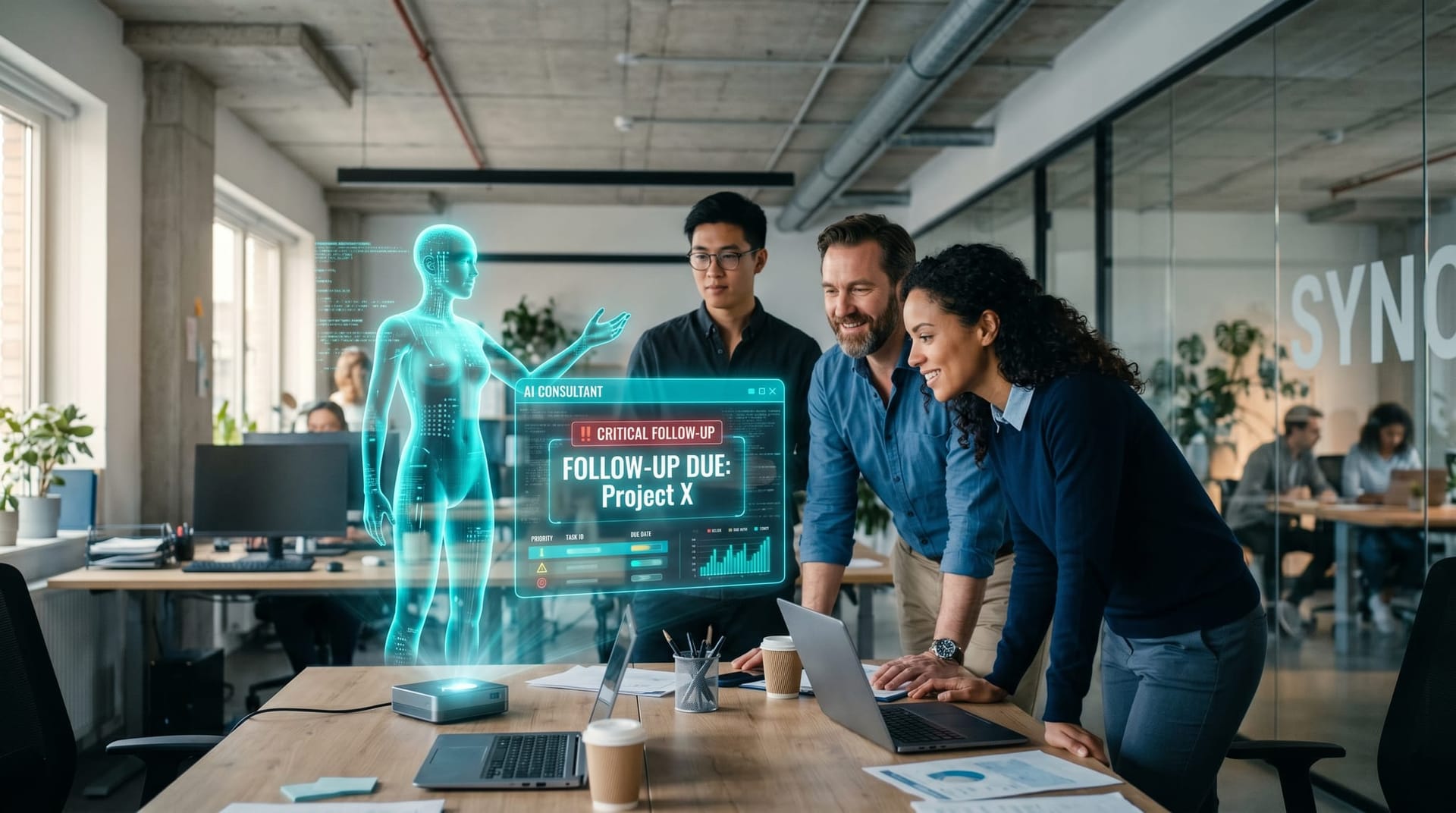 A small Northeast Indiana home-services team in an office with a holographic AI teammate flagging an overdue customer follow-up on a floating panel