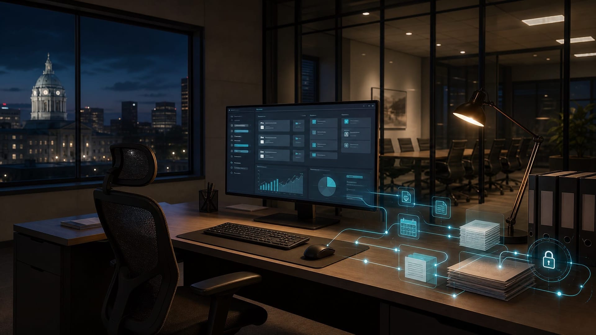 An empty after-hours office with a single monitor showing a workflow dashboard, suggesting an AI agent acting on its own without human prompts at the keyboard.