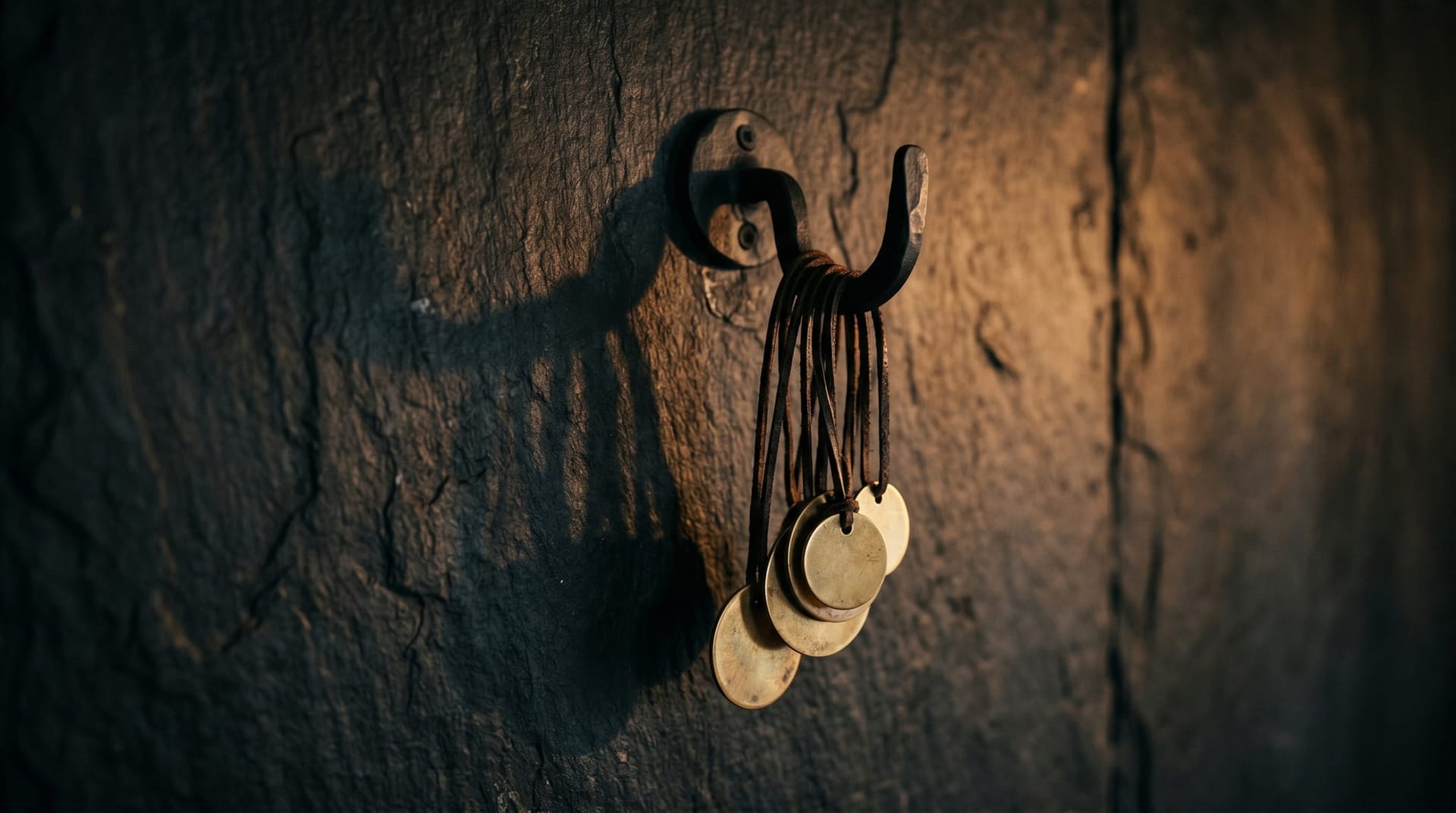 Six numbered brass tags hanging from a single hook against a dark slate wall, representing the six-item buyer checklist for evaluating proactive AI agent products.