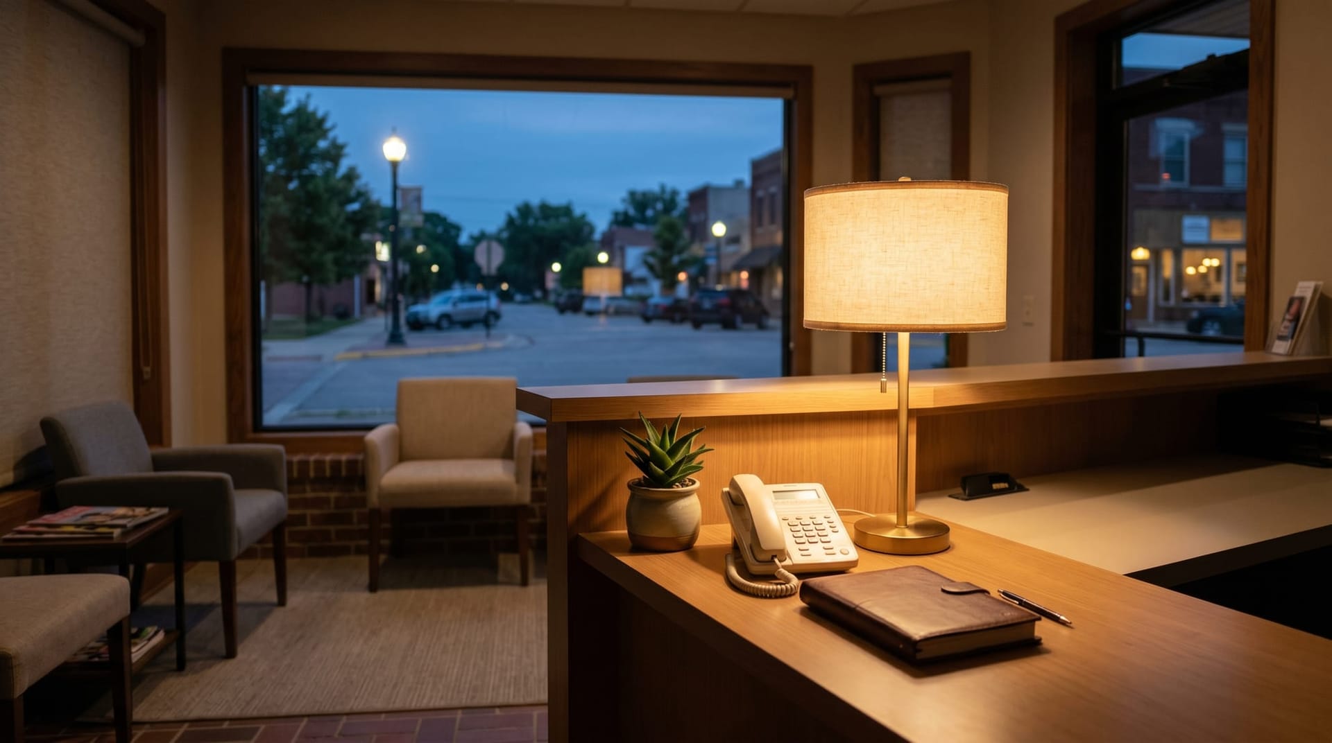 A small Midwest dental office reception desk after hours with a warmly lit phone and tidy appointment book, illustrating proactive AI Employee coverage for Fort Wayne service businesses.