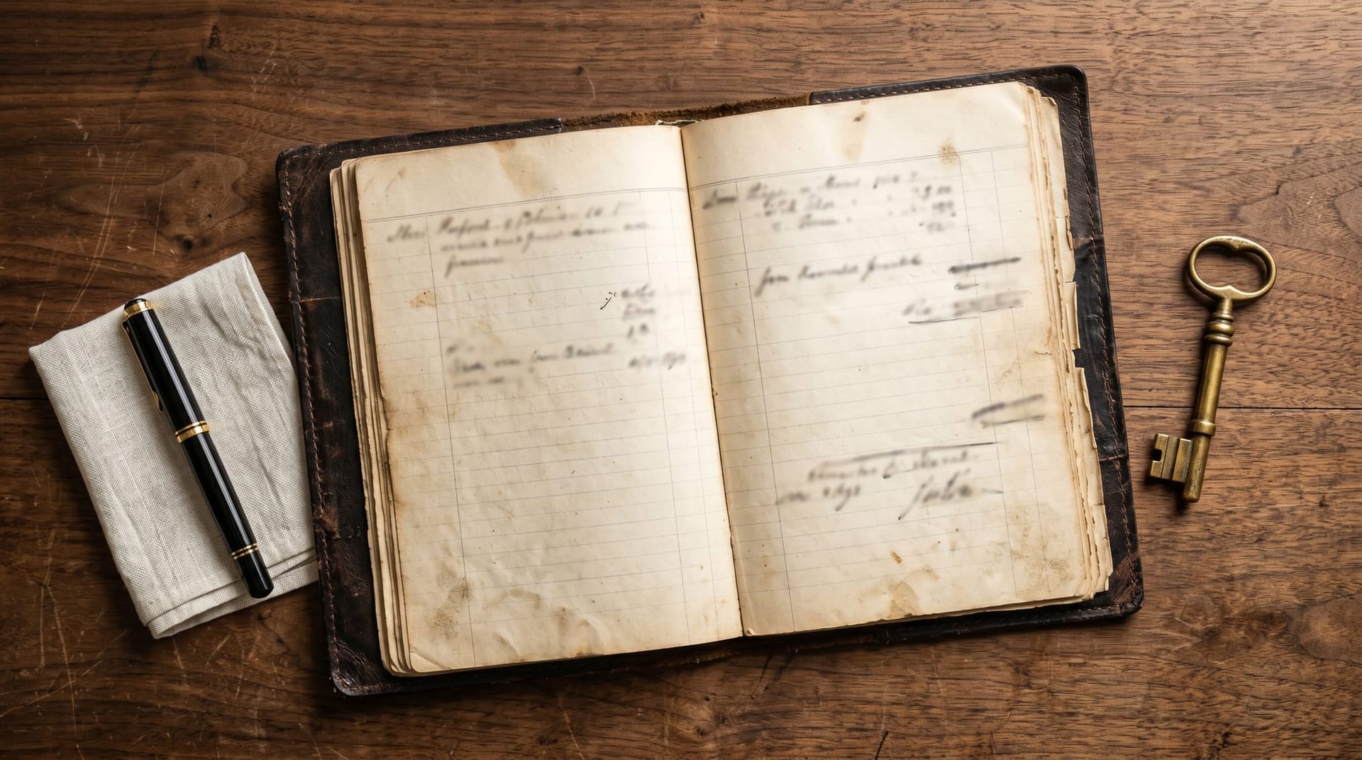 An open leather-bound ledger on a desk beside a vintage brass key and a fountain pen, representing the written standing-authorization perimeter for an AI Employee.