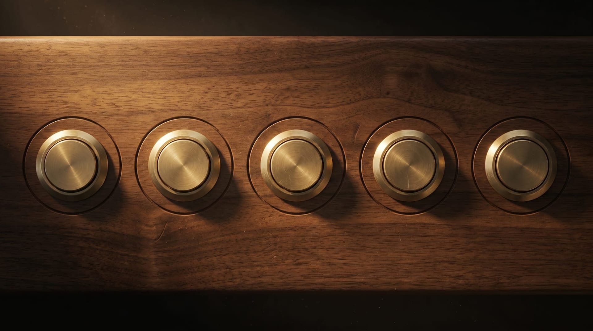 Five identical brass push-buttons mounted on a dark walnut panel under warm light, illustrating the five enterprise vendors that shipped proactive AI agent products in 2026.