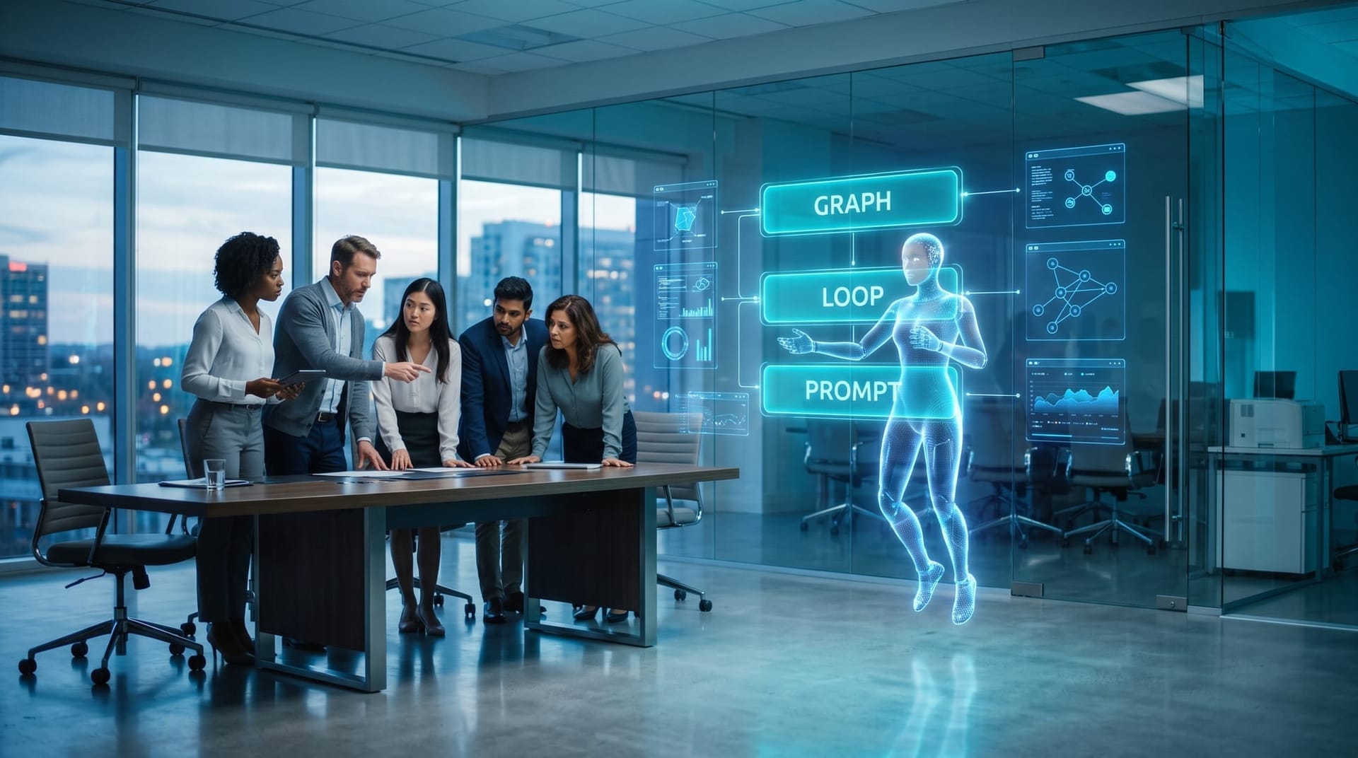 A translucent cyan holographic AI avatar presenting three stacked layers of agent architecture on floating panels as a business team studies the prompt, loop, and graph tiers