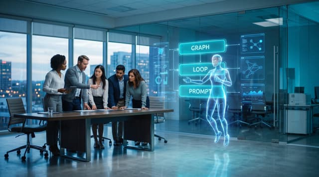 A translucent cyan holographic AI avatar presenting three stacked layers of agent architecture on floating panels as a business team studies the prompt, loop, and graph tiers