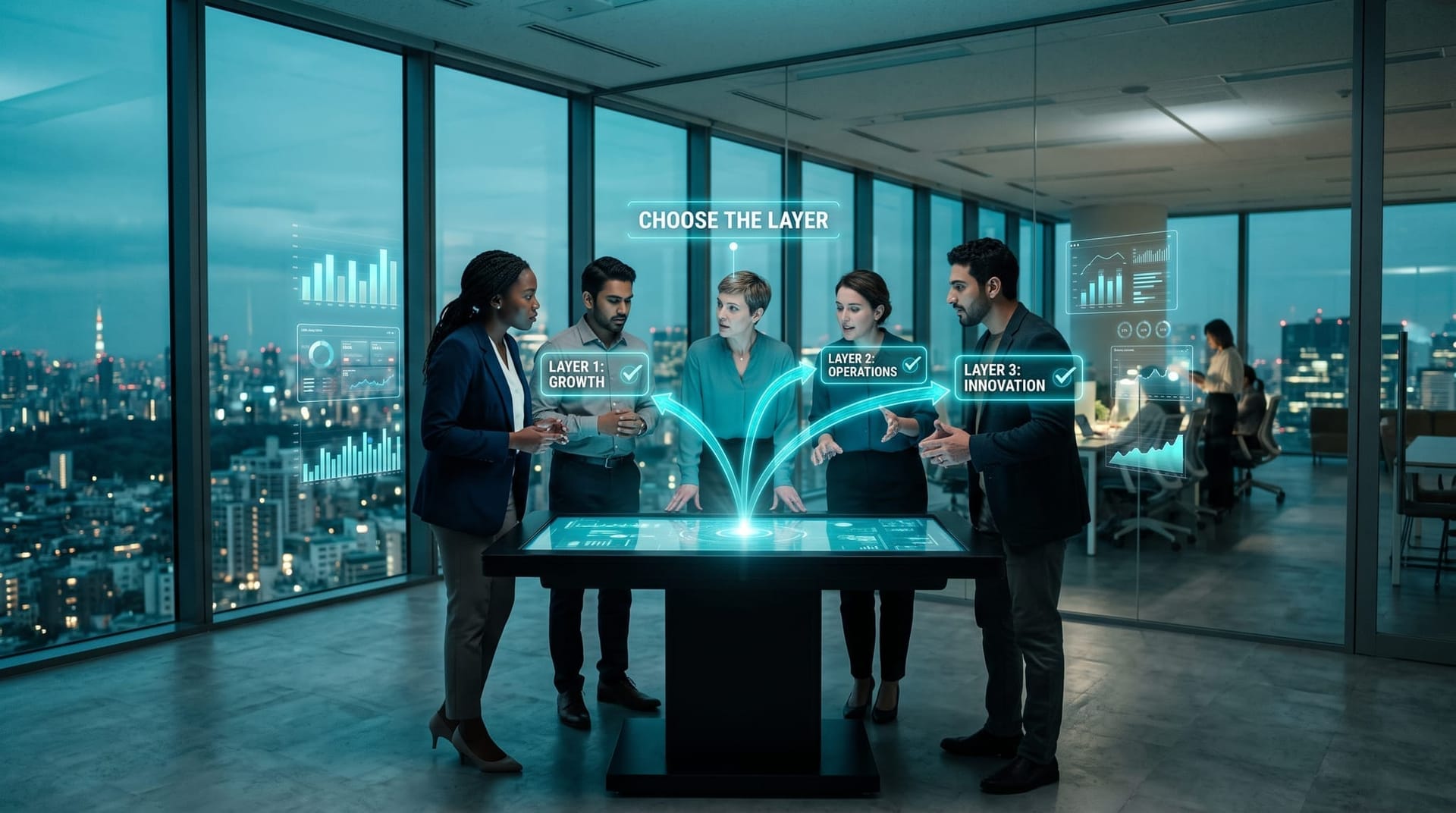A business team at a decision crossroads reviewing three glowing holographic paths for choosing prompt, loop, or graph agent architecture in cyan light