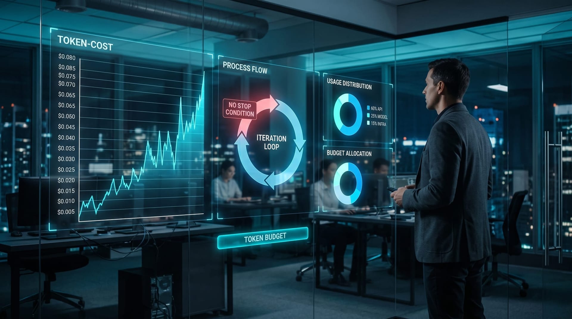 A presenter studying a holographic dashboard showing rising token-cost curves and a stalled agent loop against cyan performance panels in a dark control room