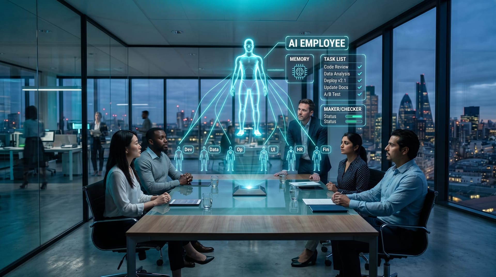 A translucent holographic AI Employee coordinating a network of smaller sub-agent figures in an organizational graph above a conference table in cyan light