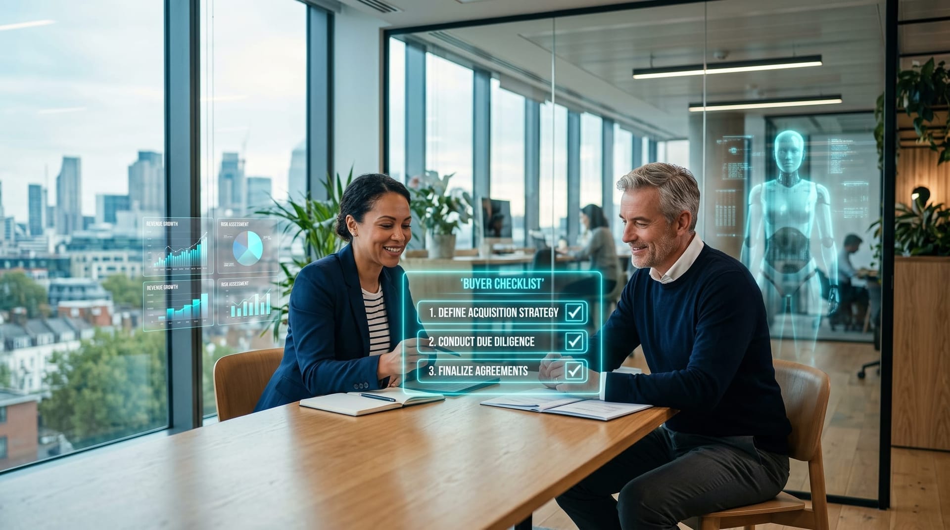 A business owner and advisor reviewing an AI agent buyer's checklist on floating cyan panels in a Midwestern office with a holographic assistant nearby