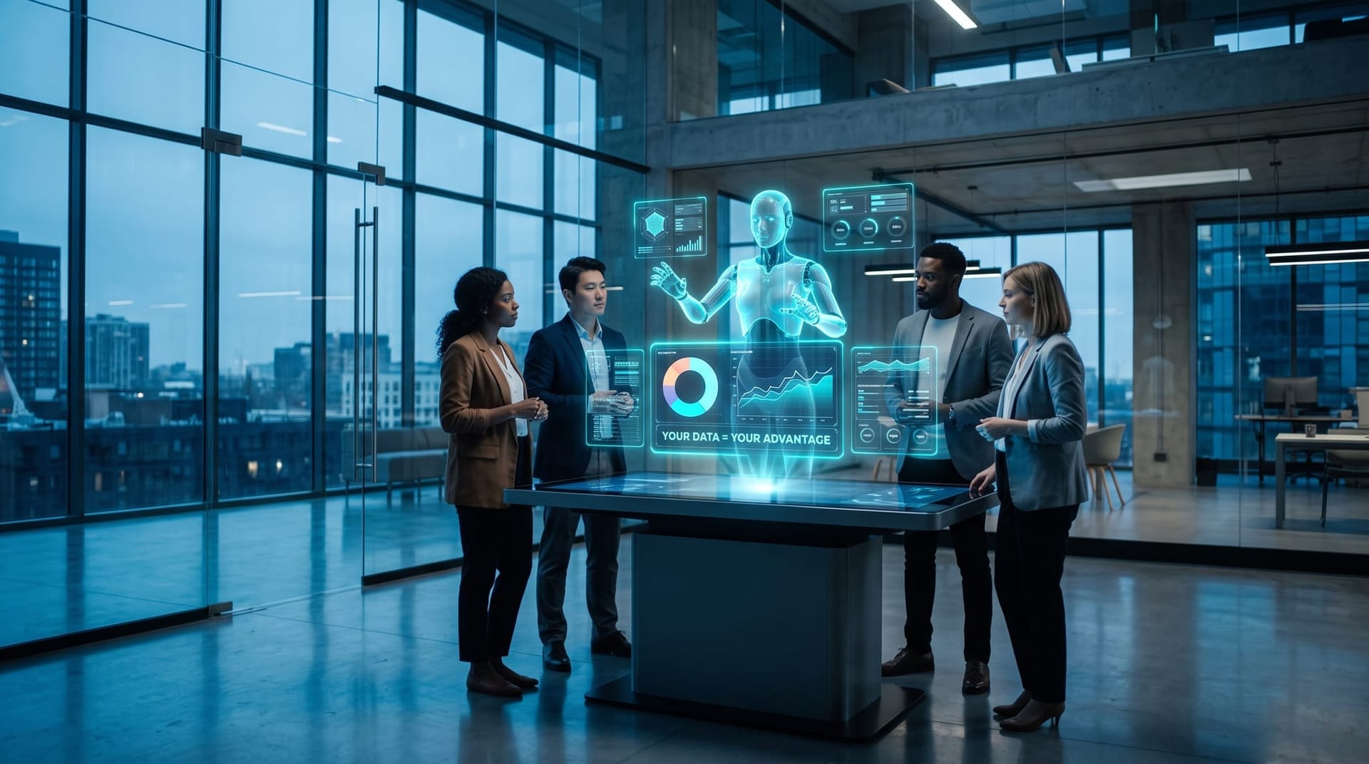 Business team reviewing a translucent cyan holographic AI employee that activates their proprietary business data on floating governed data dashboards