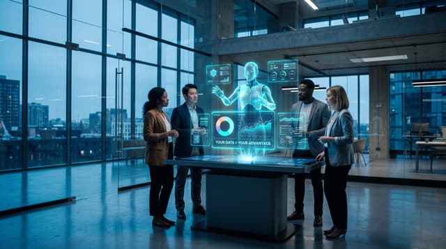 Business team reviewing a translucent cyan holographic AI employee that activates their proprietary business data on floating governed data dashboards