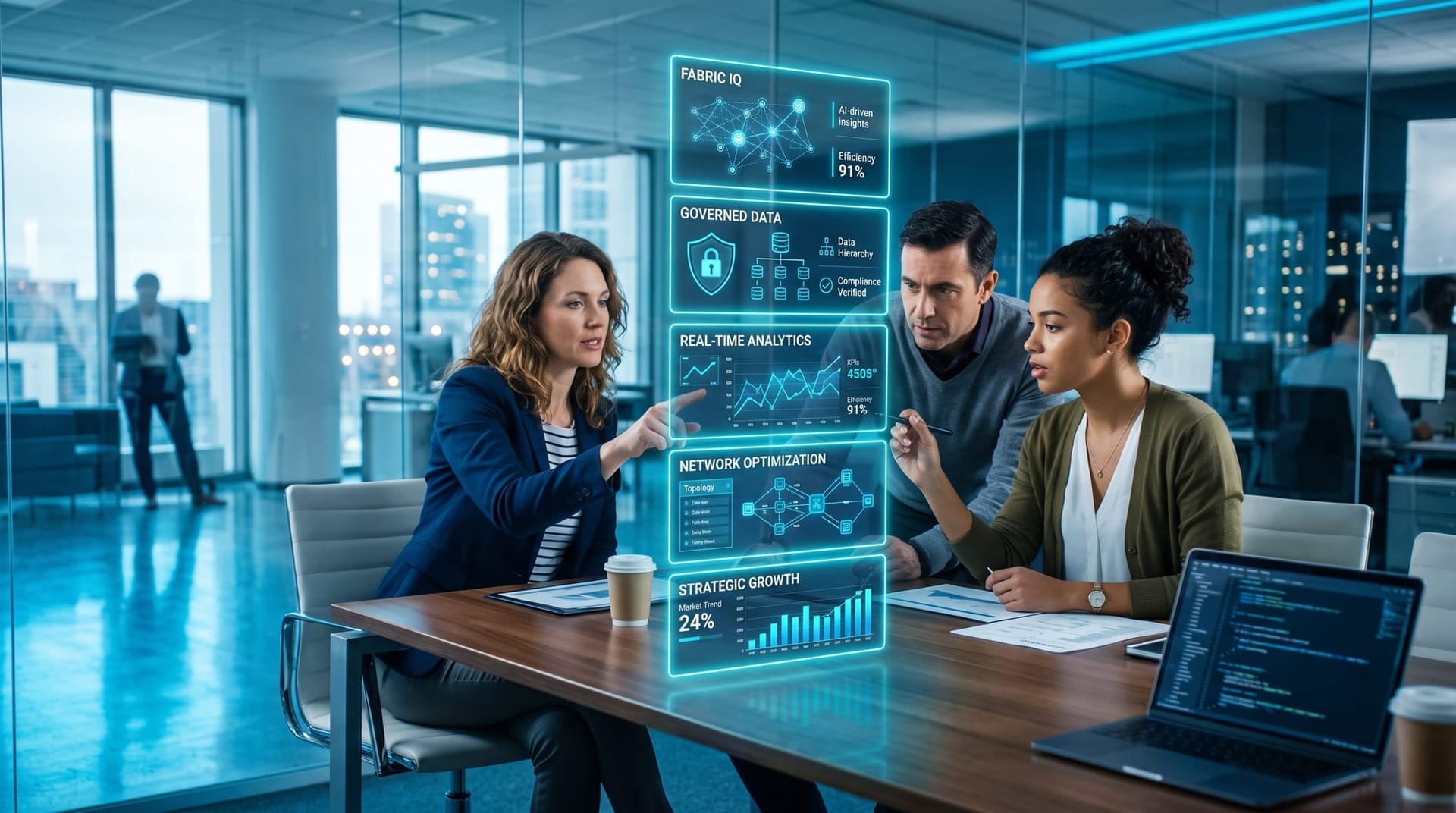 Colleagues in a glass conference room watching floating cyan panels map five Microsoft data capabilities grounded in governed business data
