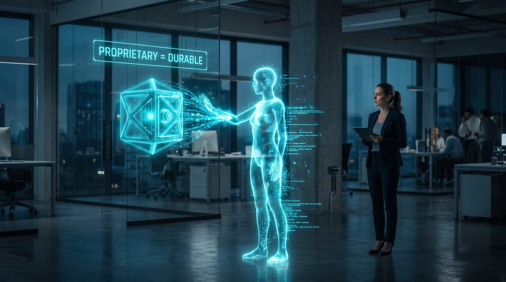 A translucent cyan holographic AI employee beside a locked glowing data vault representing proprietary data as a durable competitive advantage