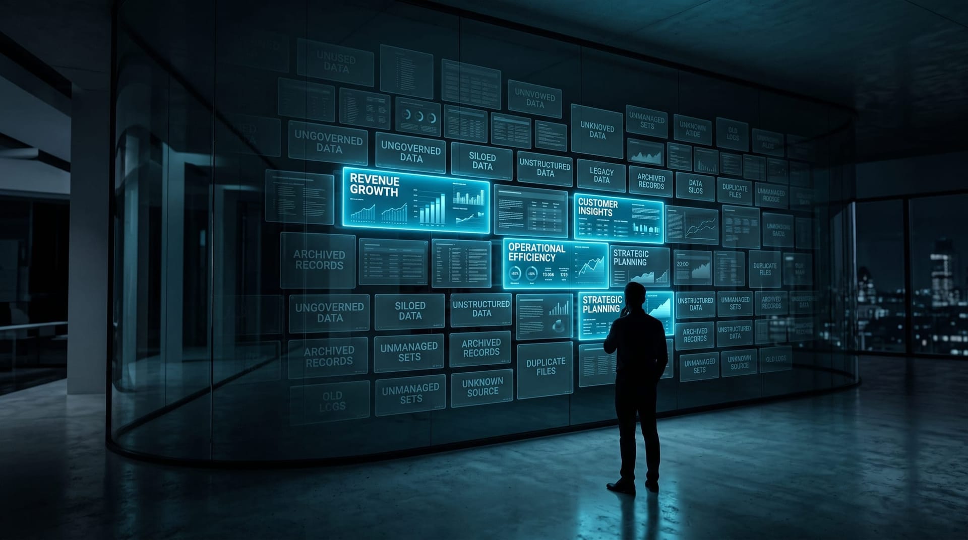 Dim cyan-lit data archive with most information panels faded dark and unreadable, illustrating ungoverned siloed dark data an AI cannot use