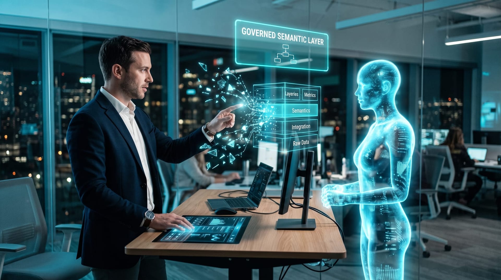 A data engineer working alongside a translucent cyan holographic AI employee that organizes scattered records into a governed semantic layer