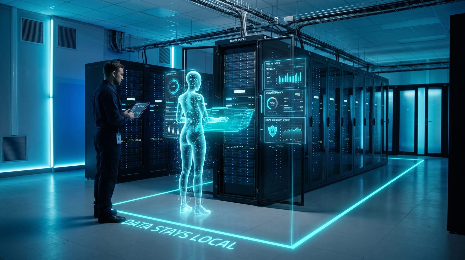 Secure on-site server room with cyan holographic panels showing sensitive proprietary data kept local while an AI employee analyzes it in place