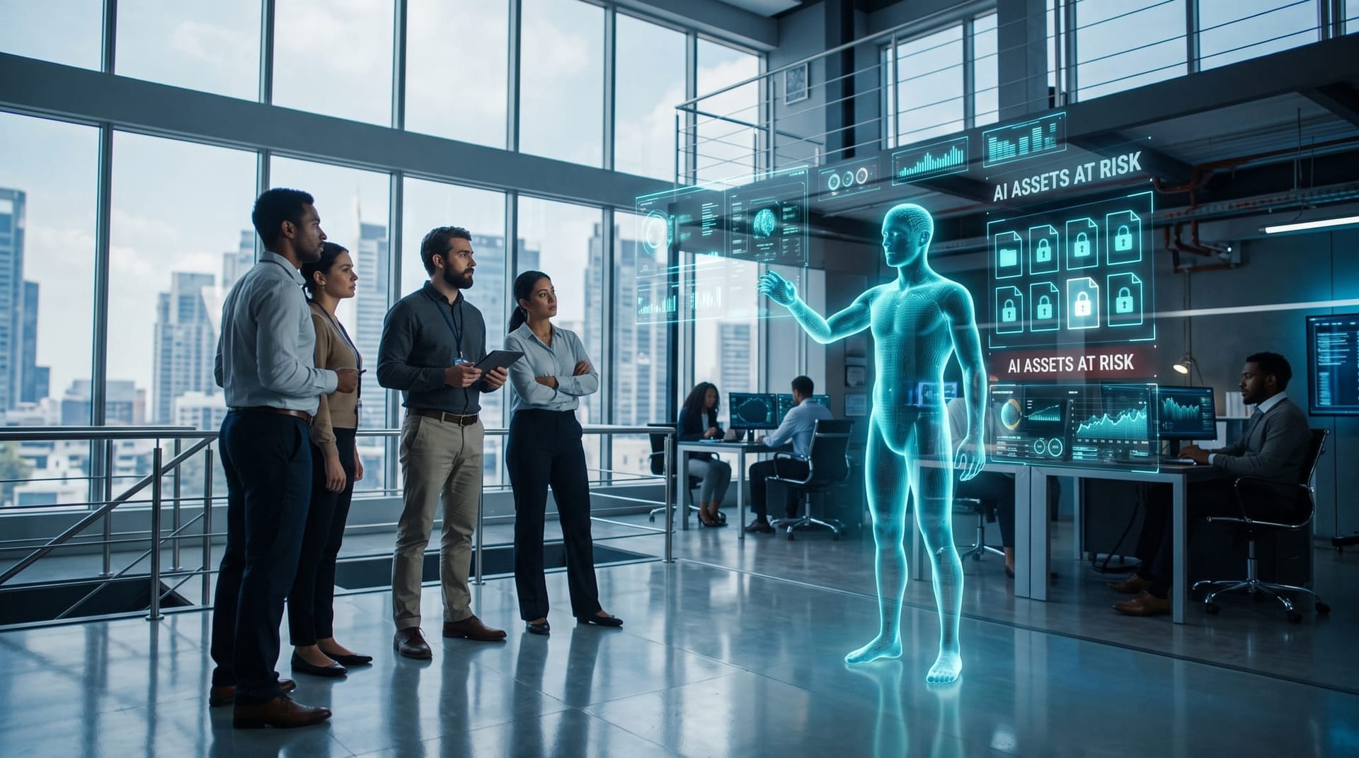 Security operations team responding to ransomware targeting AI model weights as encrypted model files light up across holographic monitoring panels