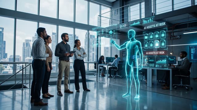 Security operations team responding to ransomware targeting AI model weights as encrypted model files light up across holographic monitoring panels