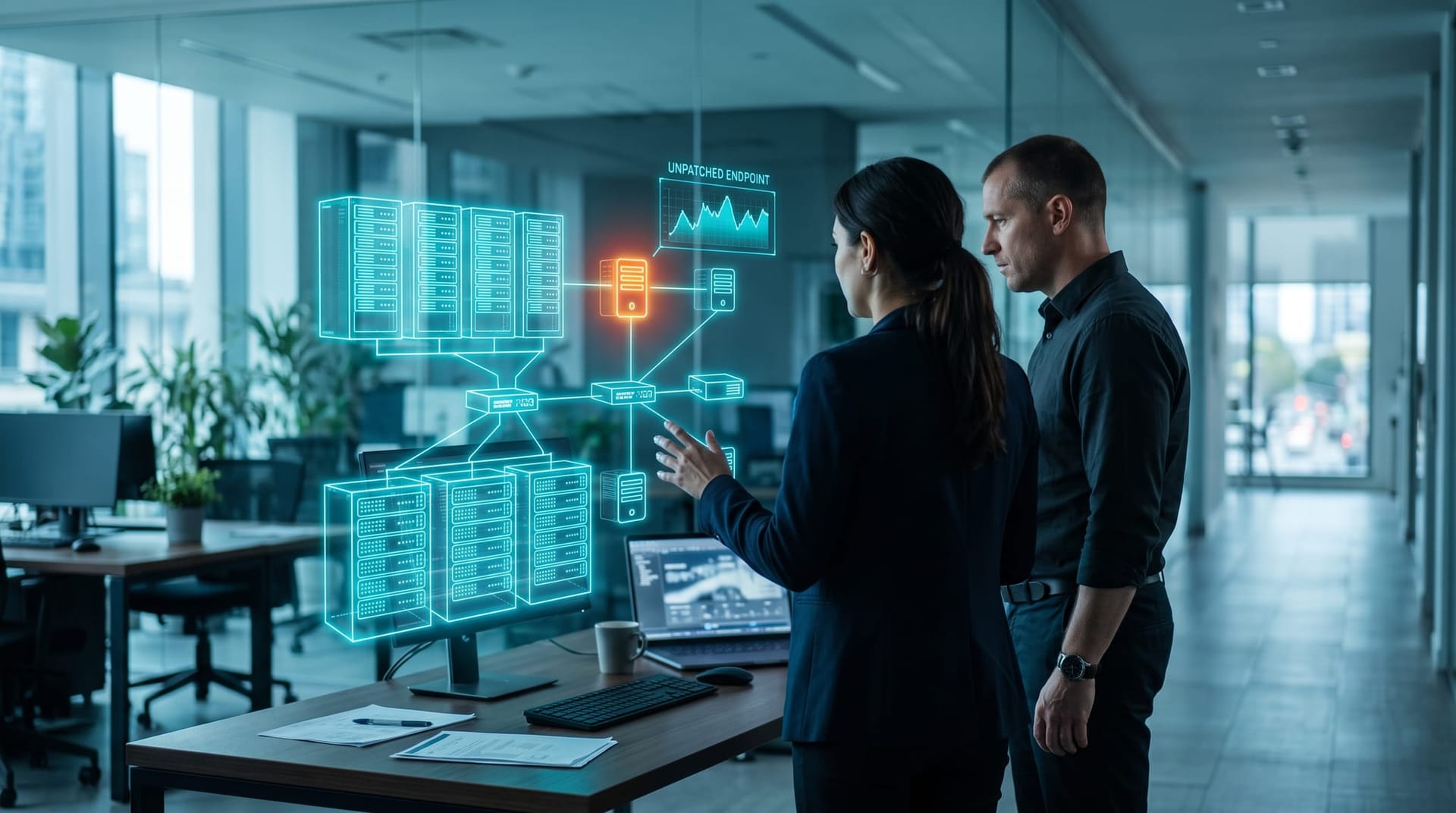 Holographic diagram of an unpatched AI agent server being exploited, with a glowing vulnerability alert floating above a workstation