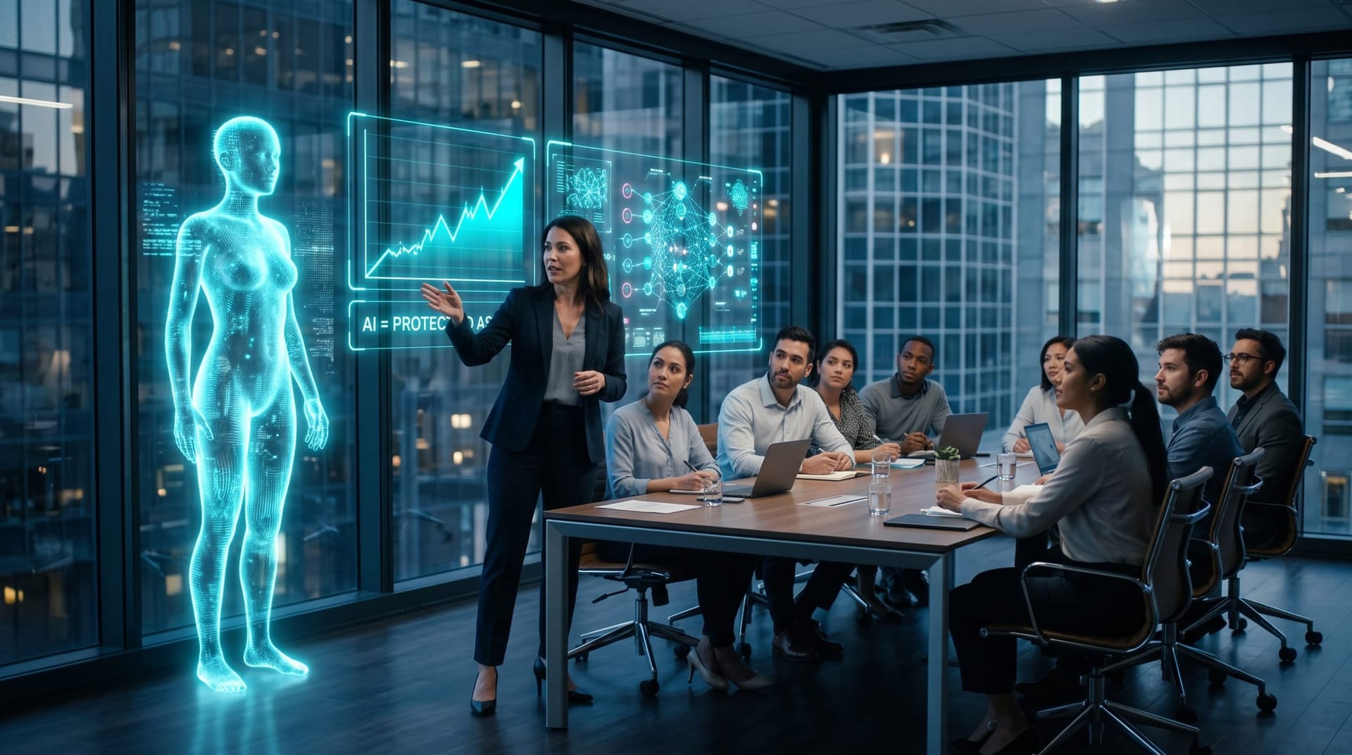 Translucent AI avatar presenting how AI systems shifted from a tool to a valuable asset attackers target on floating holographic panels