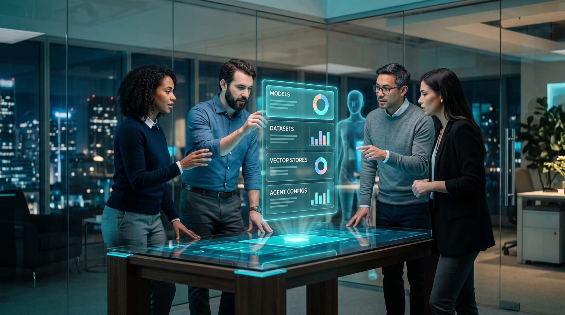 Holographic AI asset inventory board listing models, embeddings, datasets, and agent configurations glowing in cyan above a team workspace