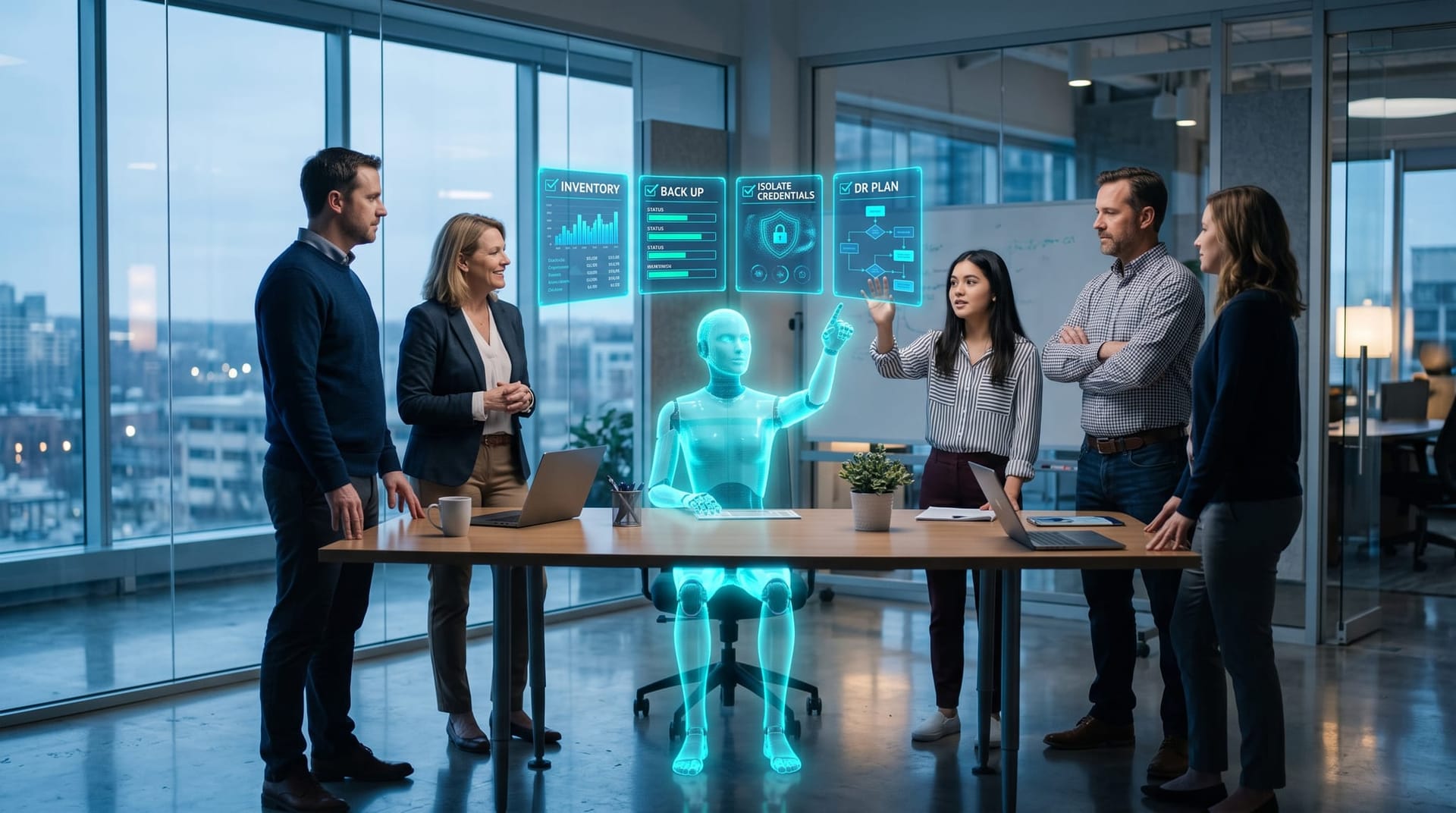 Northeast Indiana business team walking through an AI asset backup and credential isolation plan on floating holographic checklist panels