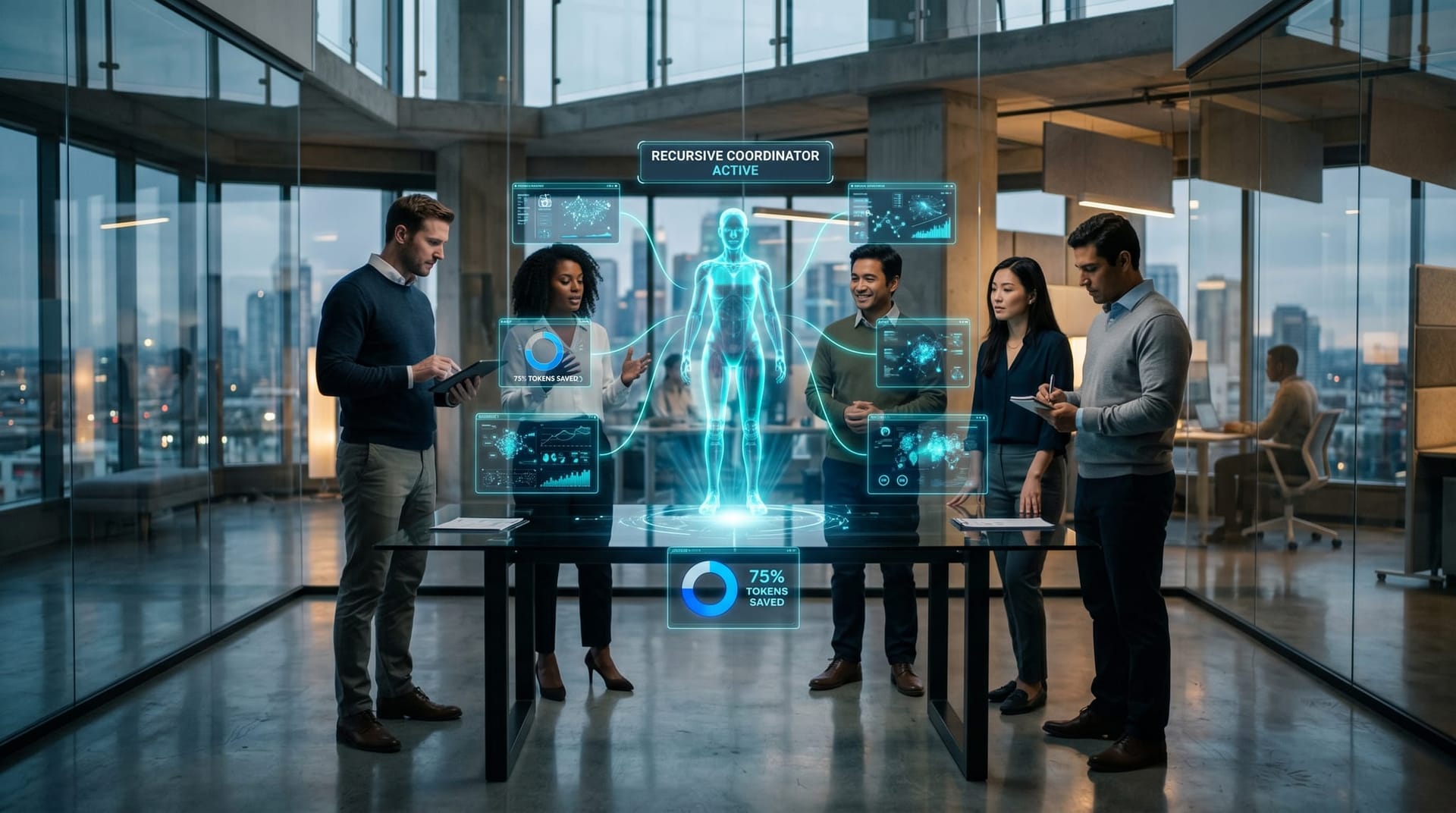 A mid-market operations team watching a translucent cyan holographic AI Employee figure orchestrate a collapsed recursive call graph between sub-agent panels in a glass-walled office.