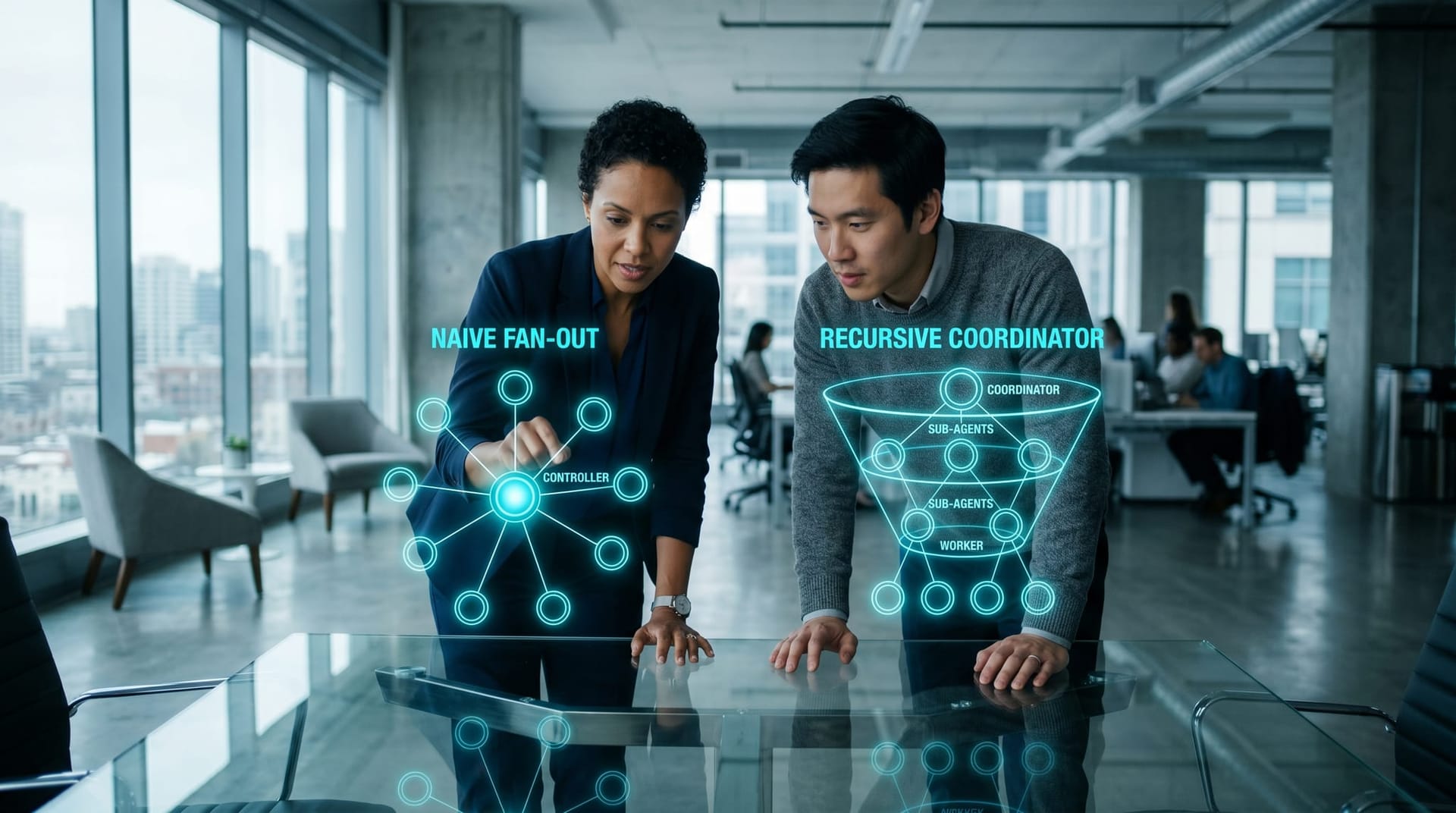 Side-by-side comparison of a naïve star-shaped multi-agent call graph and a funnel-shaped recursive coordinator call graph as cyan holographic diagrams floating above a conference table.