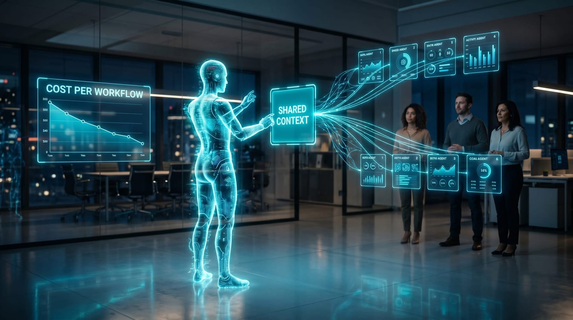 A translucent cyan holographic AI Employee figure pre-deriving shared context for a row of waiting sub-agent panels as a Northeast Indiana operations team watches the cost dashboard tick down.