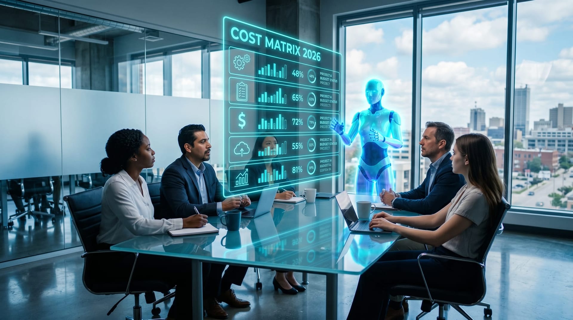 A floating cyan holographic 5-row cost-optimization matrix table suspended above a conference table as a translucent AI Employee figure presents the savings to a Northeast Indiana mid-market team.