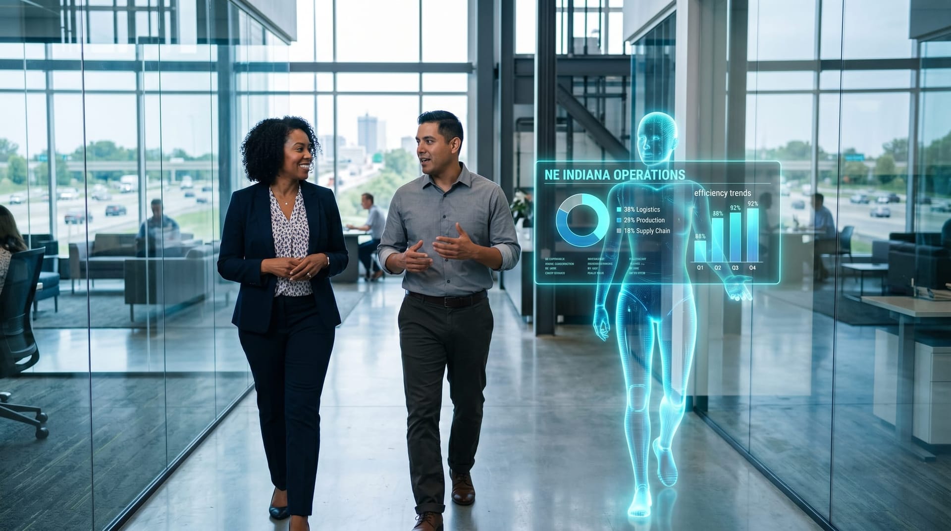 Two Northeast Indiana mid-market operations leaders walking through a manufacturing-adjacent corridor office with a translucent cyan holographic AI Employee figure showing a per-workflow savings dashboard nearby.