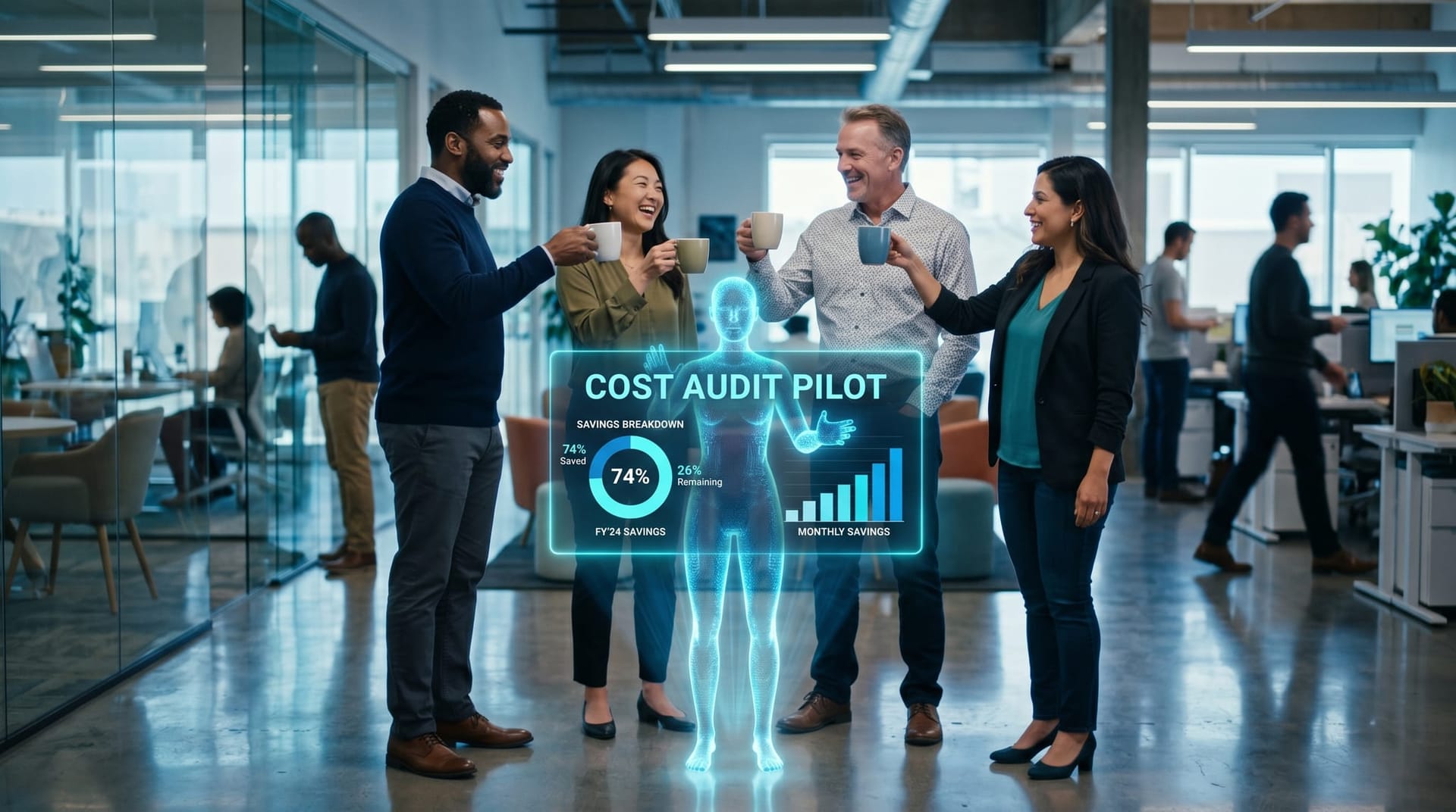 A small team raising coffee cups in a quiet toast in a modern Auburn-corridor office as a translucent cyan holographic AI Employee figure displays a regional cost-audit pilot summary.