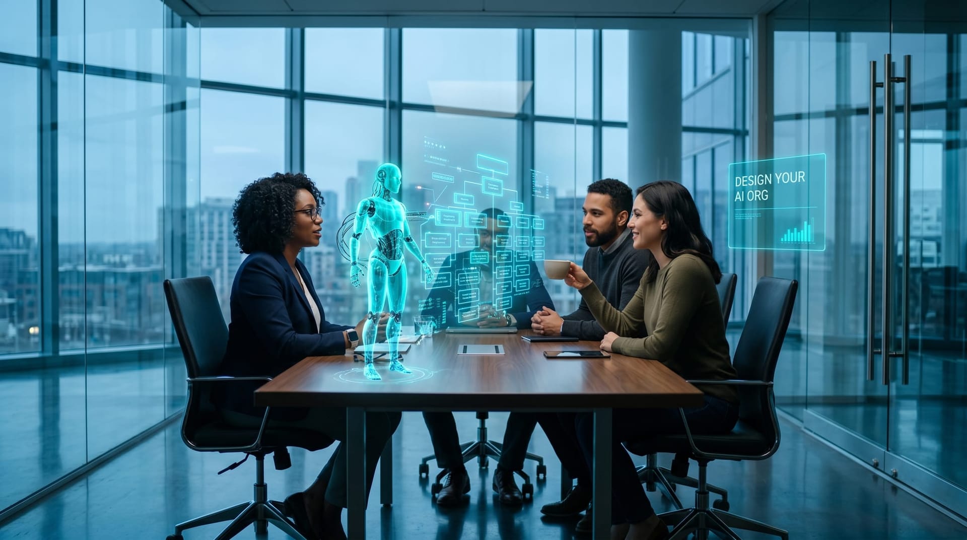 A consultative meeting where colleagues lean toward a glowing holographic org chart with a cyan panel reading design your AI org