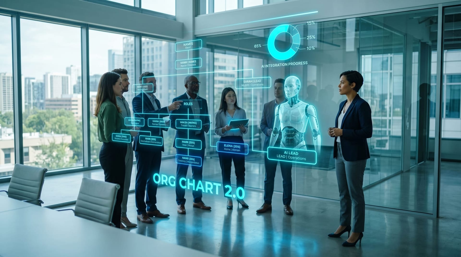 A diverse business team gathered around a glowing holographic org chart for organizational design agentic AI, with a translucent cyan AI avatar slotted into a reporting line