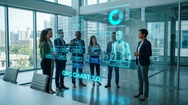 A diverse business team gathered around a glowing holographic org chart for organizational design agentic AI, with a translucent cyan AI avatar slotted into a reporting line