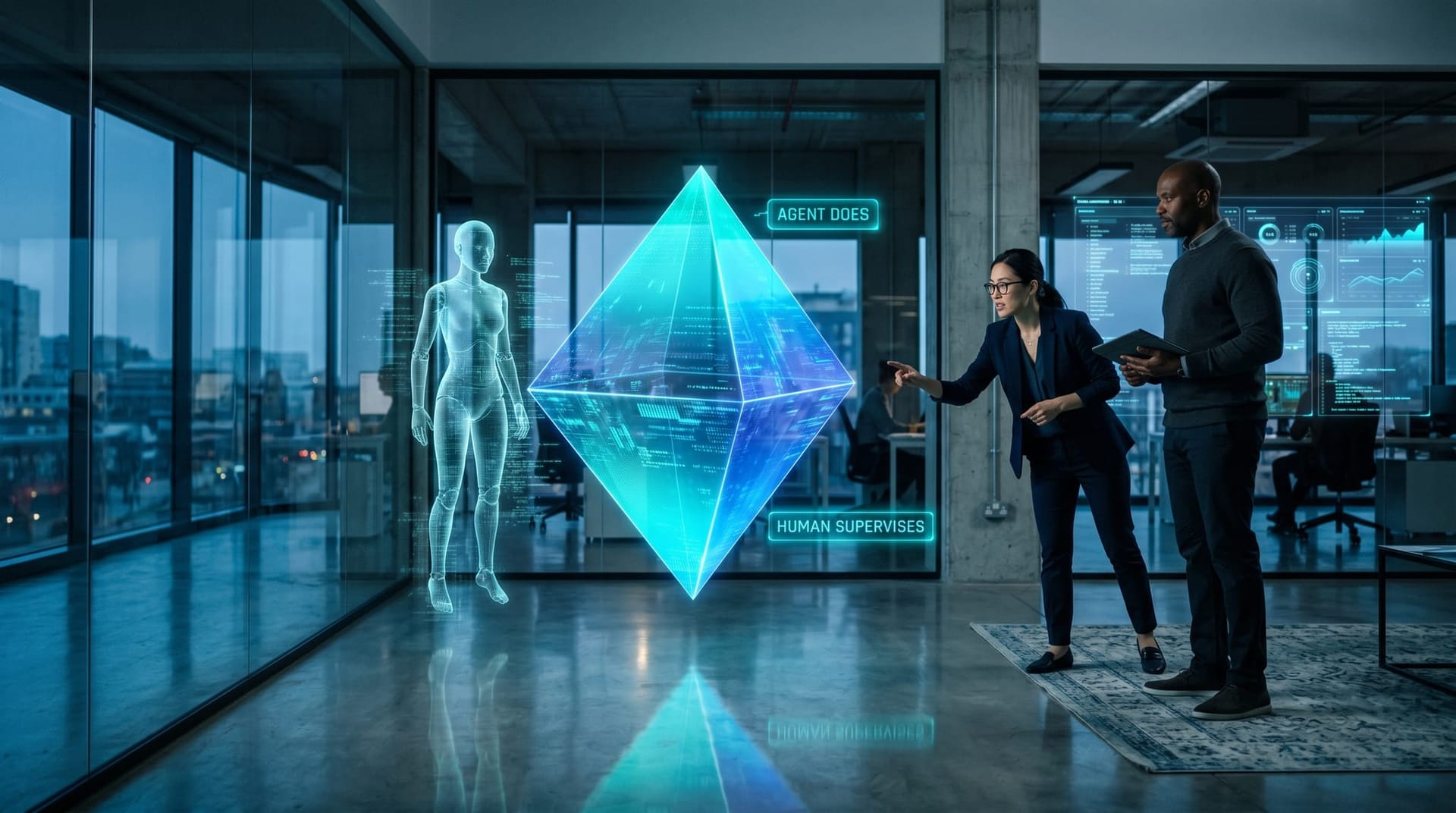 A holographic pyramid flipping upside down with cyan labels reading agent does and human supervises, illustrating the inverted org structure of agentic AI
