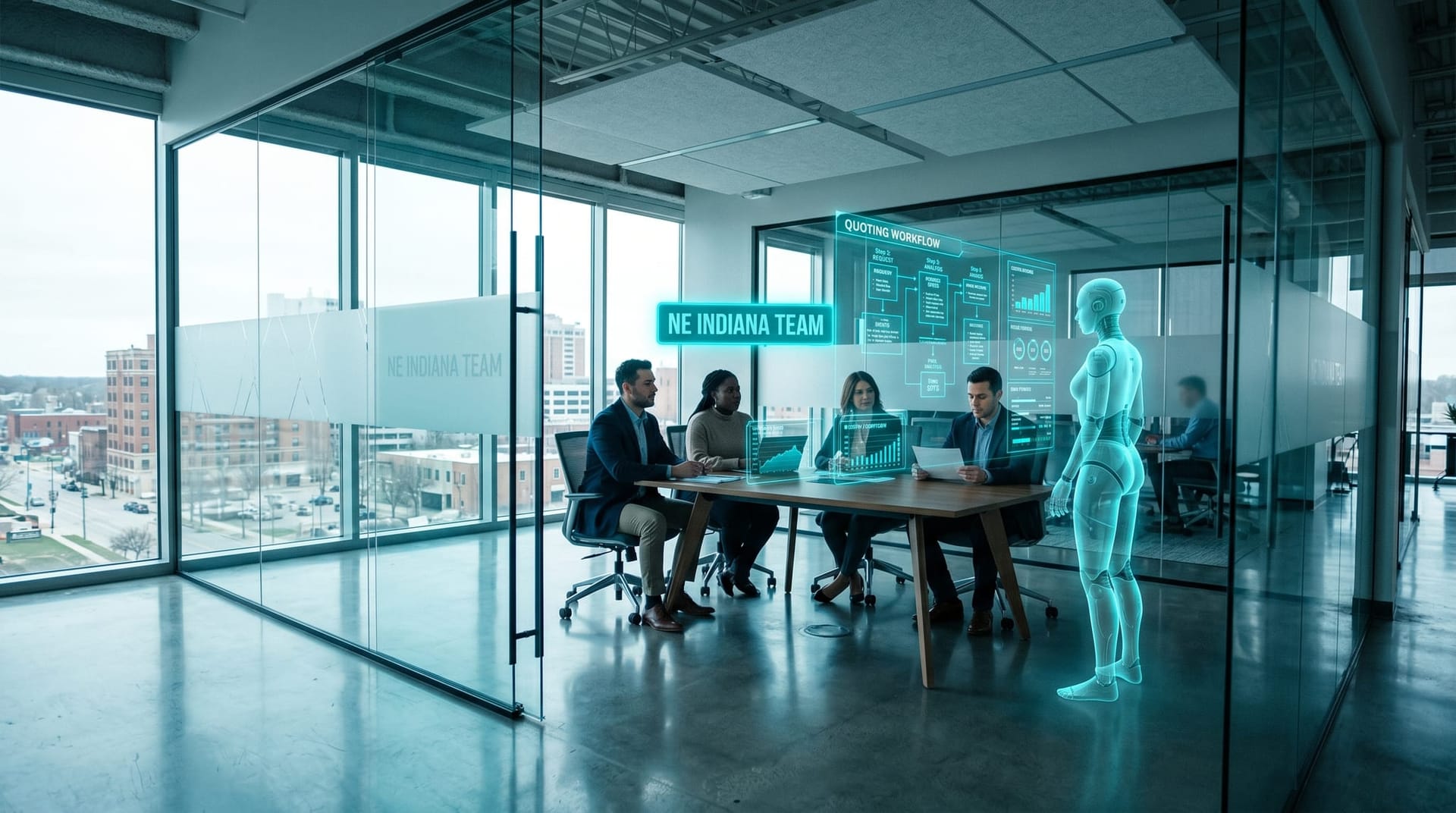 A mid-sized regional Northeast Indiana office team collaborating around a holographic quoting workflow with a cyan panel labeled NE Indiana team