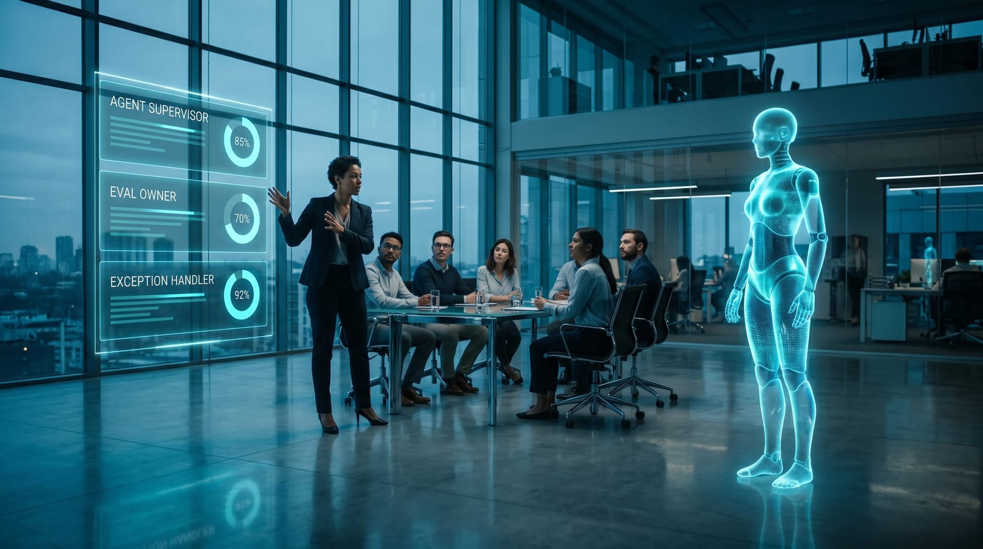 A translucent cyan AI avatar beside a holographic roles table panel listing agent supervisor, eval owner, and exception handler in an open office