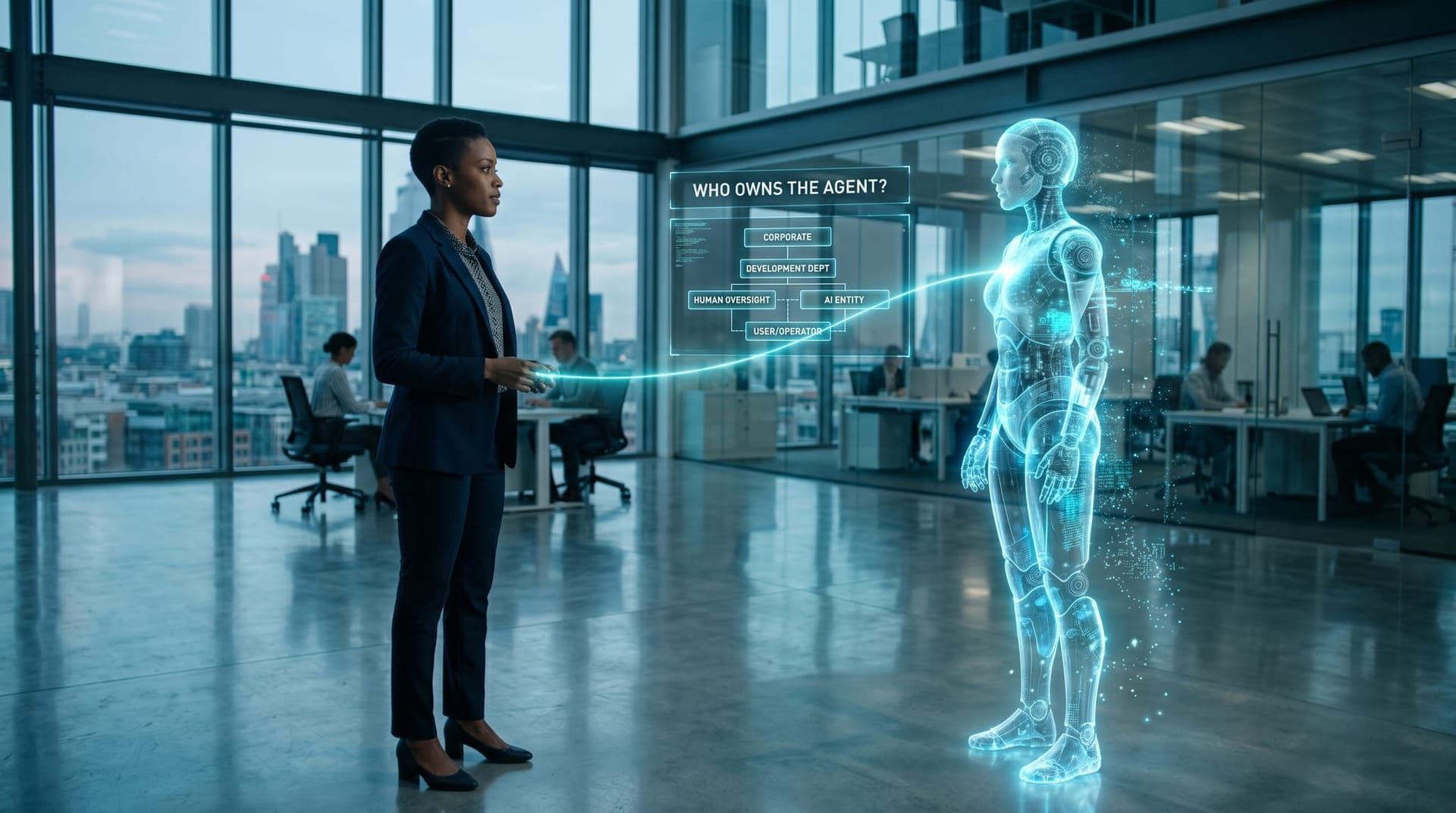 A single business professional connected by a glowing cyan line to an AI avatar node, with a holographic panel reading who owns the agent