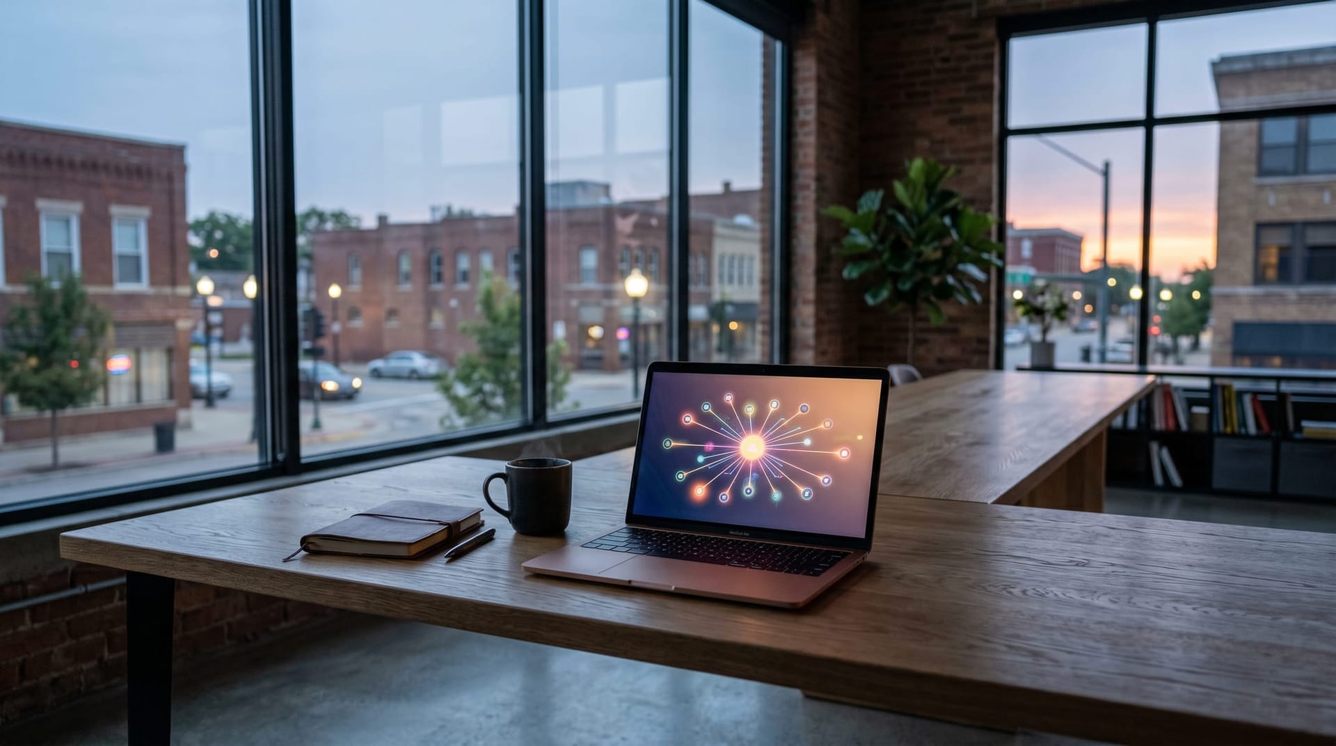 An empty mid-market business workspace at dawn with a single laptop open to a multi-model AI routing dashboard, suggesting a router orchestrating multiple model endpoints.