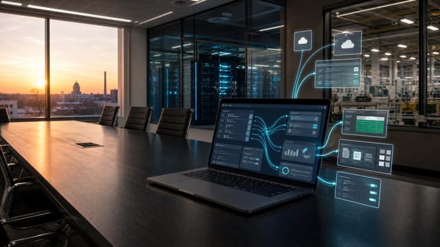 An empty mid-market business workspace at dawn with a single laptop open to a multi-model AI routing dashboard, suggesting a router orchestrating multiple model endpoints.