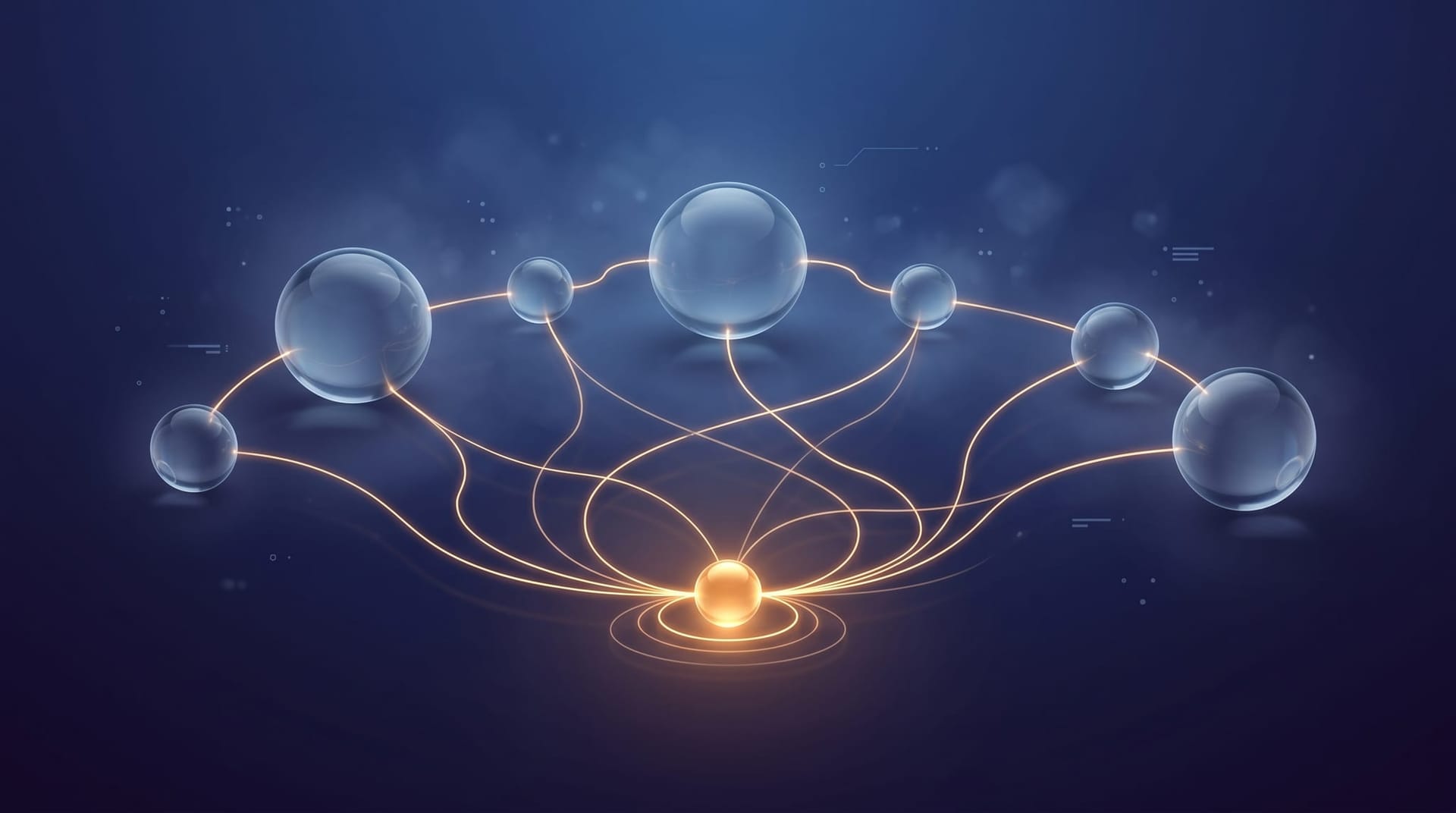 Abstract conceptual visualization of a small central orchestrator node directing parallel paths to several larger worker nodes, evoking multi-model AI orchestration.
