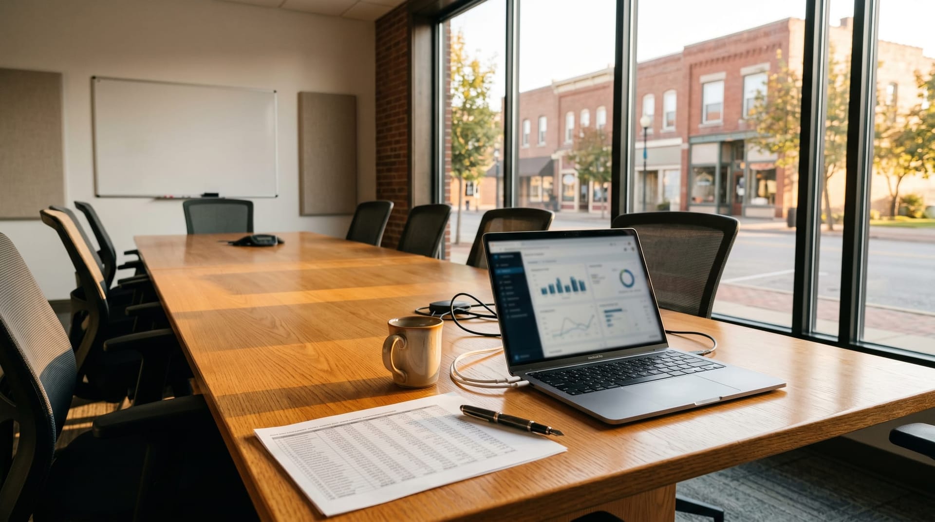 A small Auburn or Fort Wayne business office at golden hour with a printed cost spreadsheet on a conference table beside a laptop showing a routing dashboard.