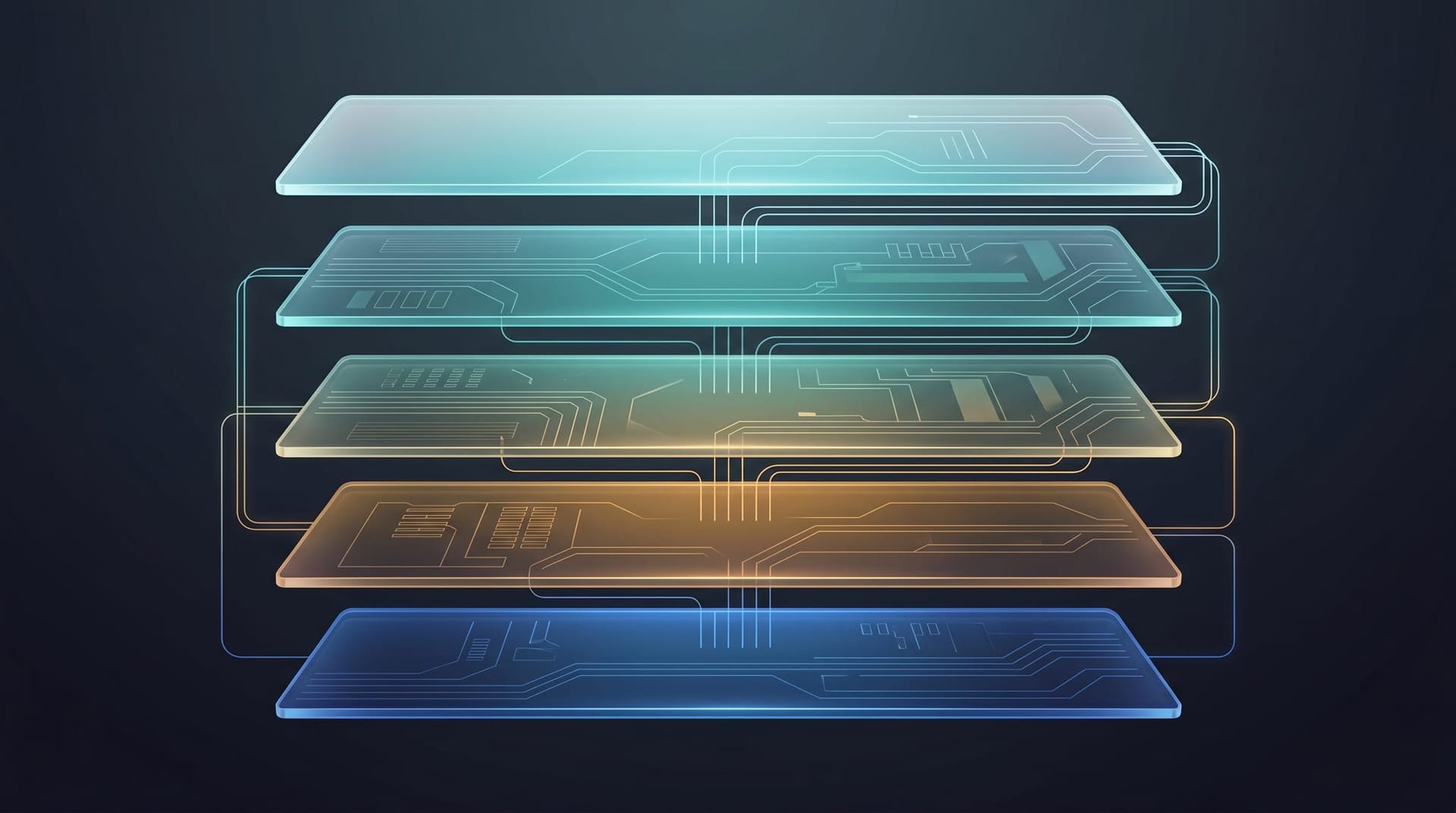 Layered abstract pipeline diagram concept showing application contract, routing layer, worker pool, and policy plane stacked vertically as translucent panels.