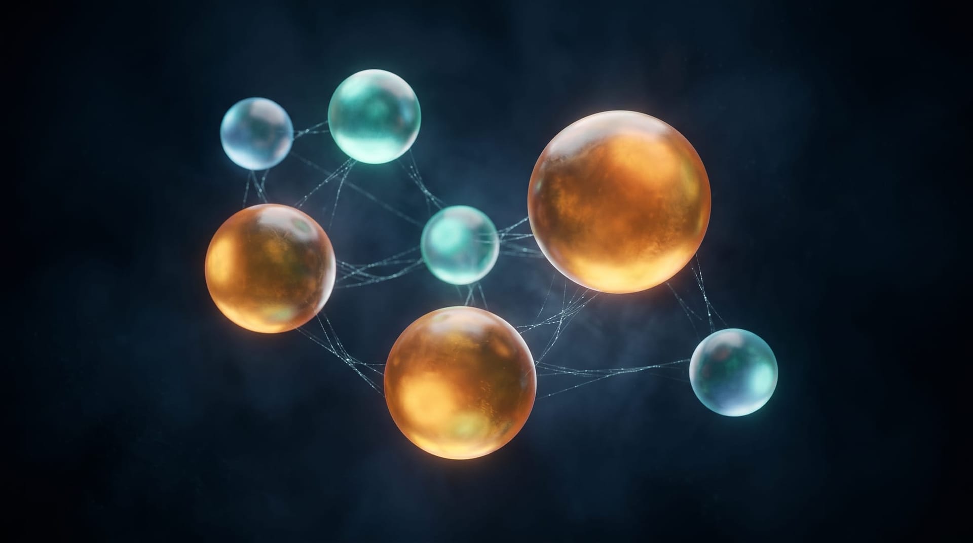Conceptual abstract image of a diverse pool of seven differently sized luminous spheres suggesting a heterogeneous worker model pool available to a router.