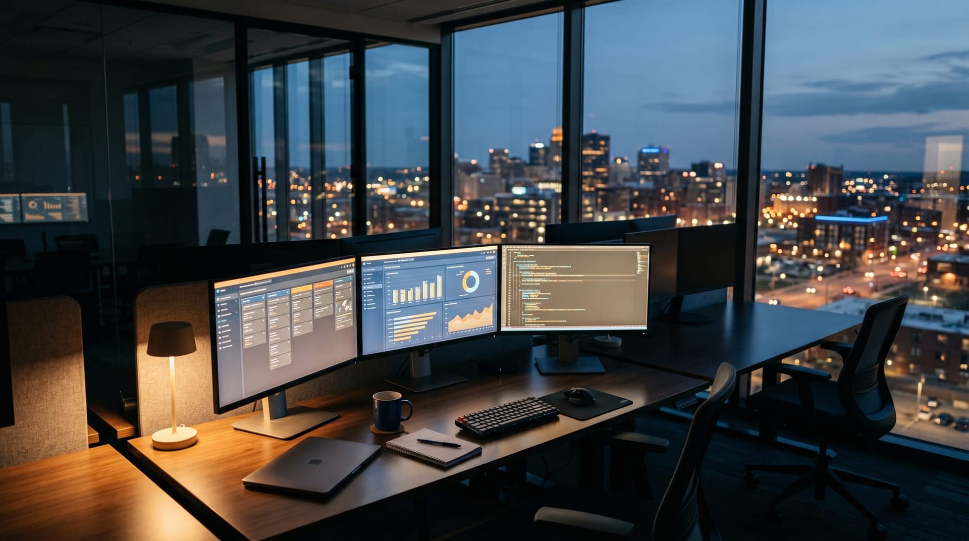 Empty office workstation at dusk with multiple monitors showing CRM dashboards and code, representing Salesforce Headless 360 and the AI agent infrastructure shift for Fort Wayne businesses.