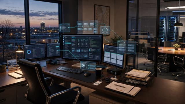 Empty office workstation at dusk with multiple monitors showing CRM dashboards and code, representing Salesforce Headless 360 and the AI agent infrastructure shift for Fort Wayne businesses.