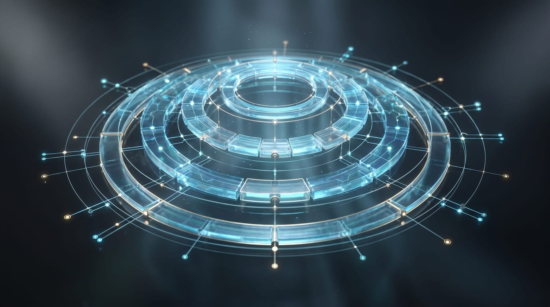 Abstract glowing architecture diagram of interconnected data nodes and API endpoints arranged in concentric layers, evoking AI agent infrastructure and headless platform design.