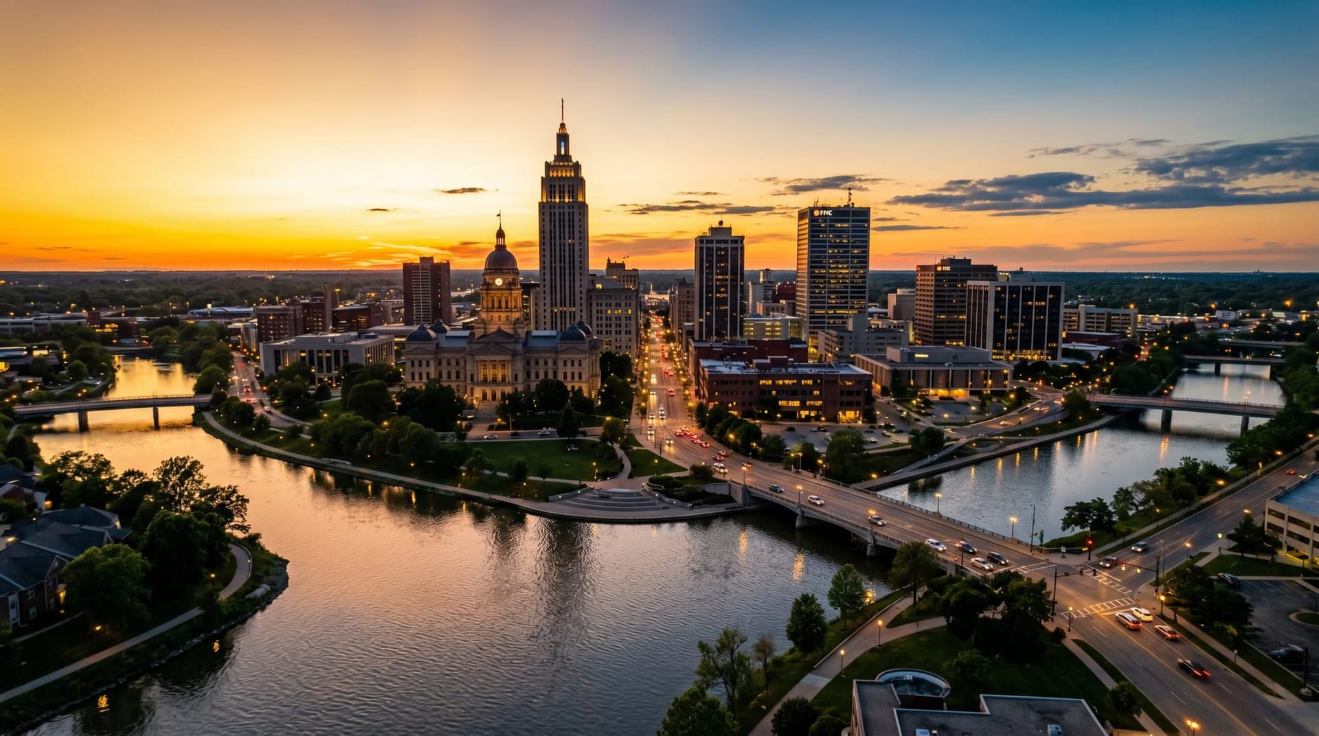 Aerial photograph of downtown Fort Wayne Indiana skyline at golden hour with the Lincoln Tower and Allen County Courthouse silhouetted against warm sky, representing Northeast Indiana mid-market businesses adopting AI agent infrastructure.